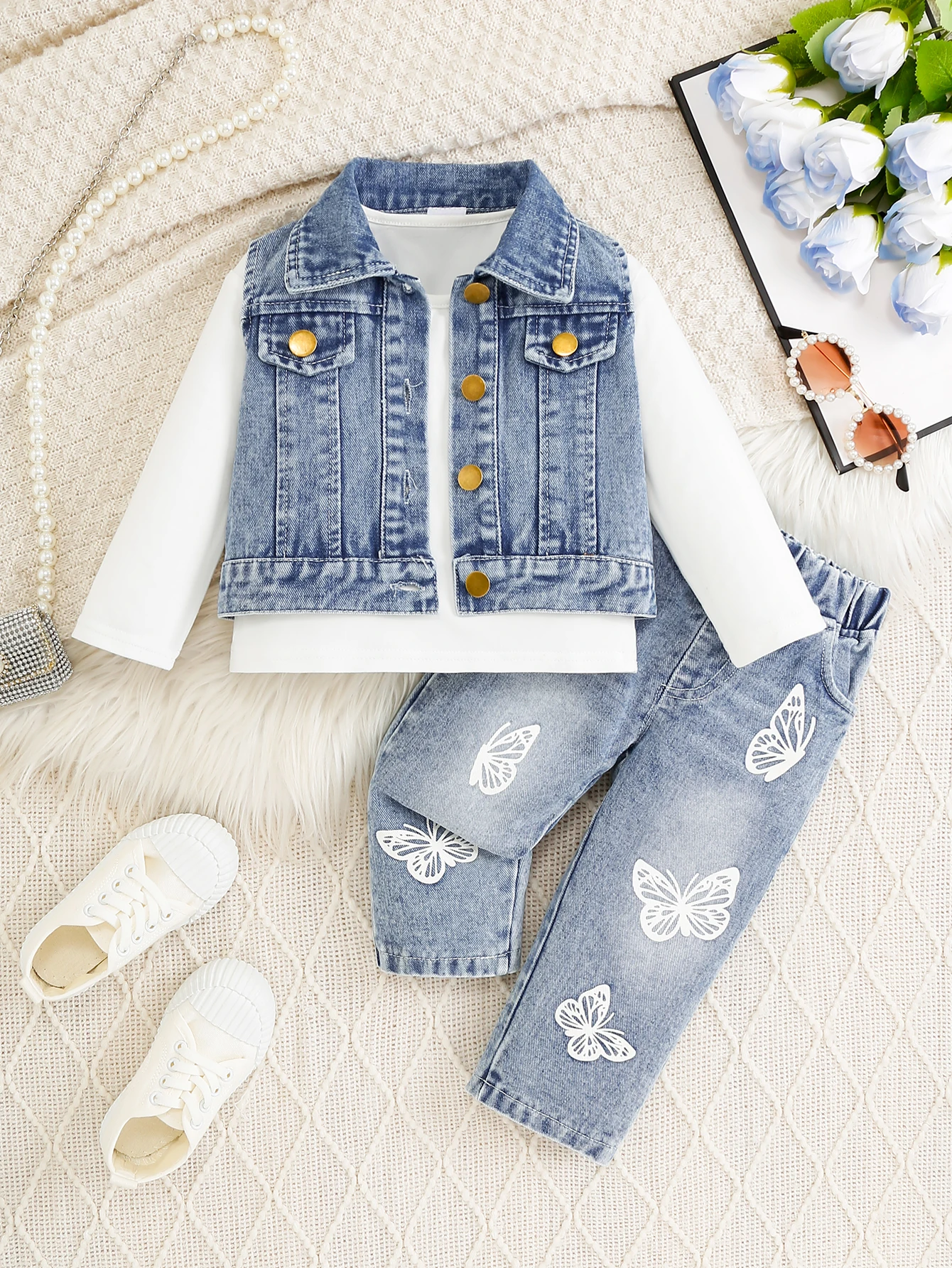 Kids' Fresh Denim Embroidered Letter Sleeveless Vest Soft Inner Wear Elastic Waist Pants Comfortable Layering Daily Easy Match