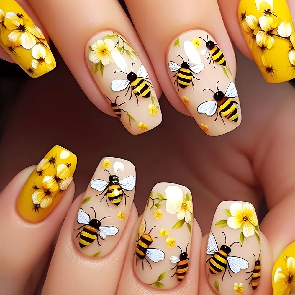 

24pcs Simple Ballet Press on Nails Art Bee Design Yellow Short False Nails Sets Wearable Fashion Flower Fake Nail Tips Finished