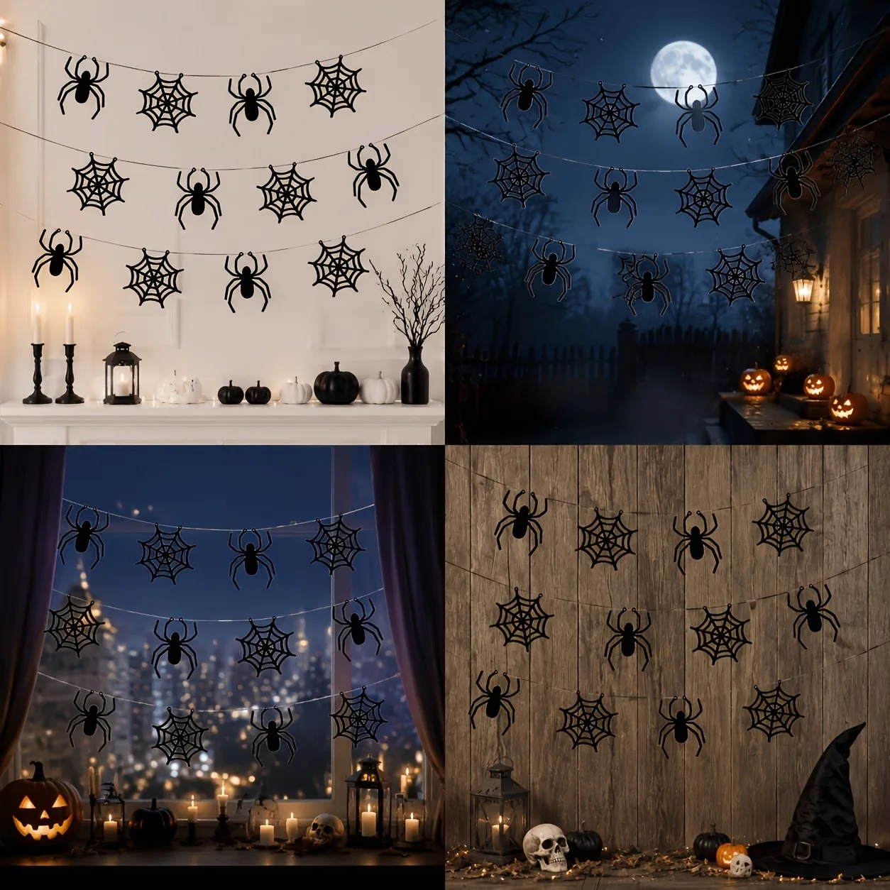 2 sets of Halloween spider web banner garlands, Halloween party home fireplace hanging decorations, "trick or treat if no candy" - view 4