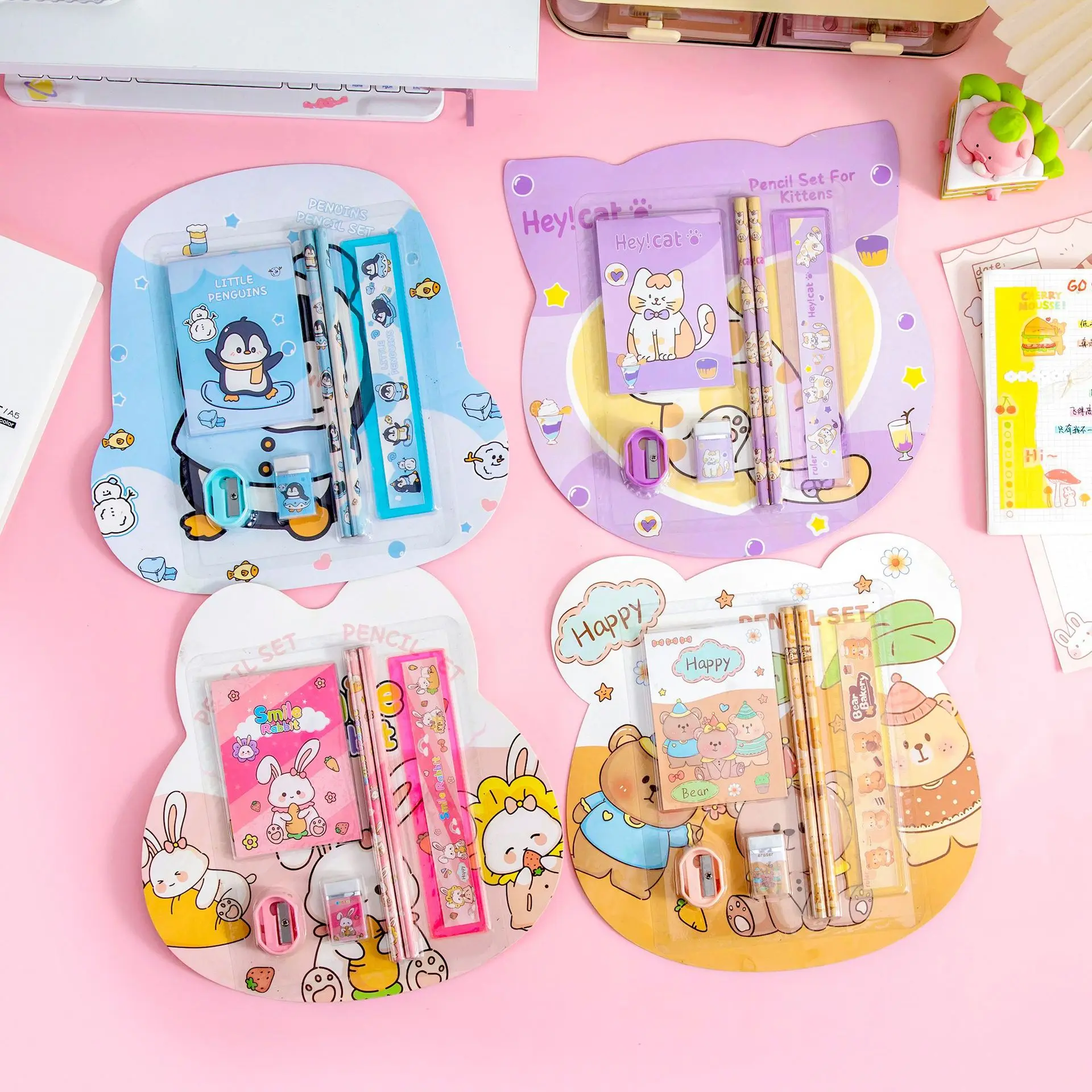Cartoon Stationery Set 6 Pcs Cute Pencil Ruler Eraser Notebook Set for Kids Students School Gift