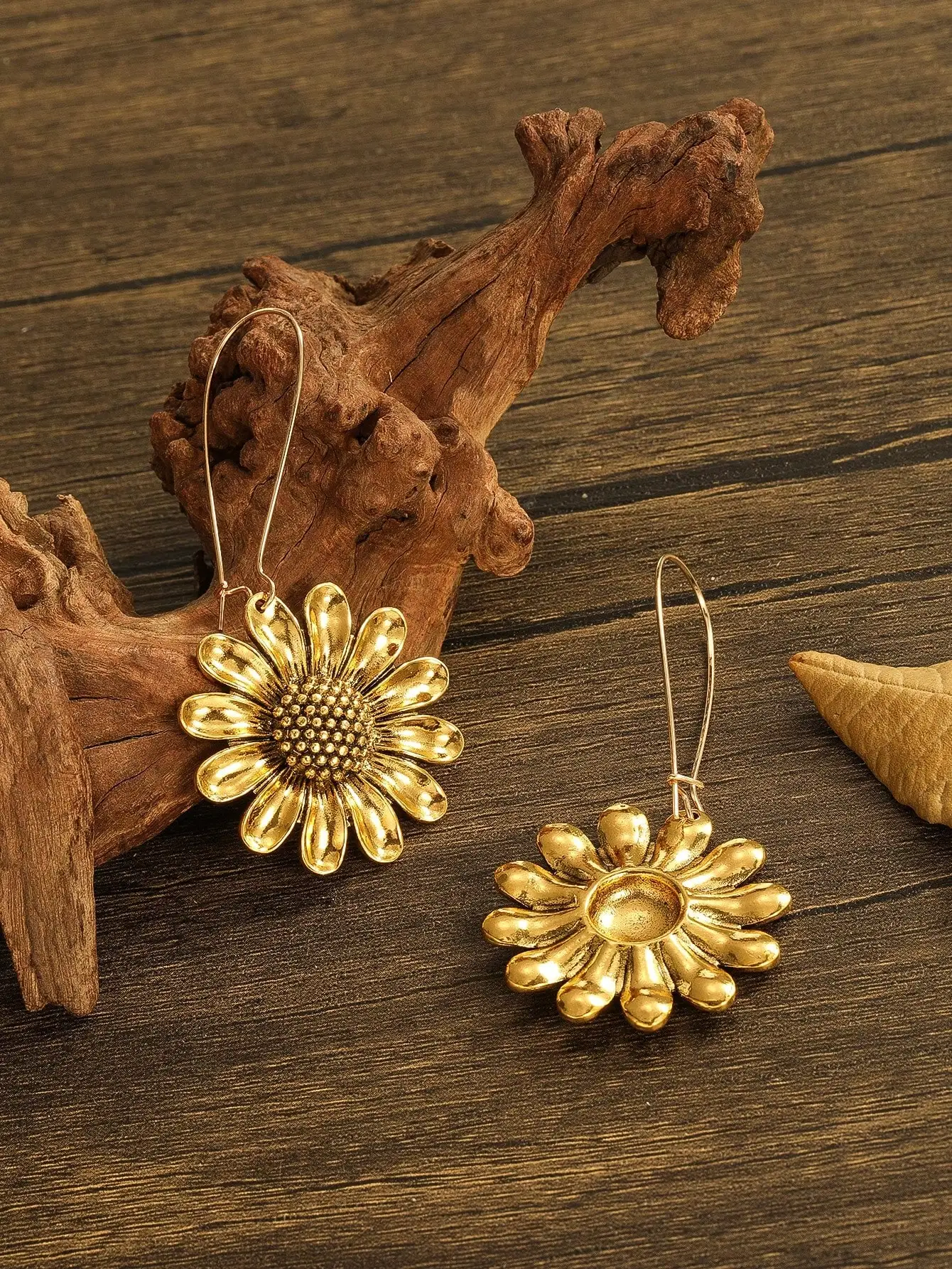 Luxury Gold Color Sunflower Earrings Large Sunflower Boho Floral Inspiration Statement Earrings Woodland Wedding Hippie Jewelry view 2