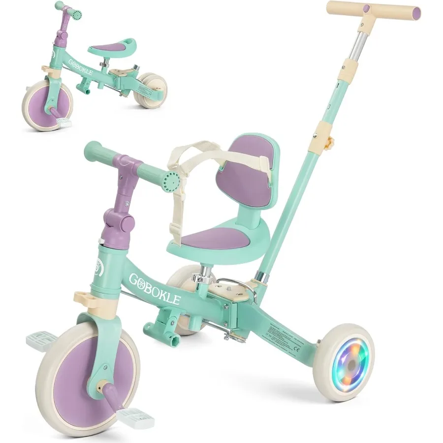 รถสามล้อเด็ก 5-in-1 สำหรับเด็กวัย 1-3 ปี แปลงเป็นจักรยานเด็กพร้อมที่จับสำหรับเข็นและถอดแป้นเหยียบได้ จักรยานทรงตัวพร้อมไฟหลากสี