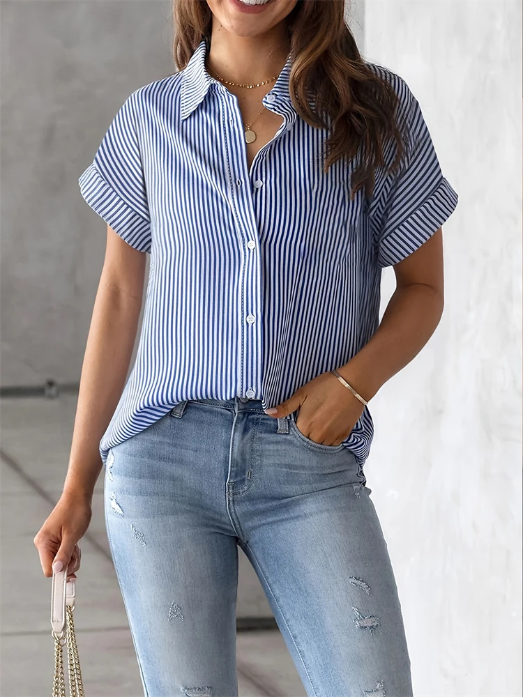 Temperament Leisure Women\'s Short-sleeved Shirt Fashion Loose Womens Shirt Elegant Short-sleeved Blouse Holiday Weekend Clothing