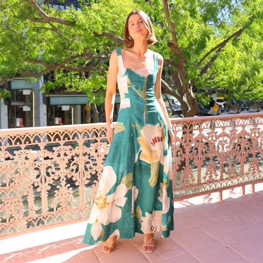 

【New Arrival】Women's Green Floral Print Maxi Dress, Square Neck Sleeveless A-Line Casual Summer Outfit