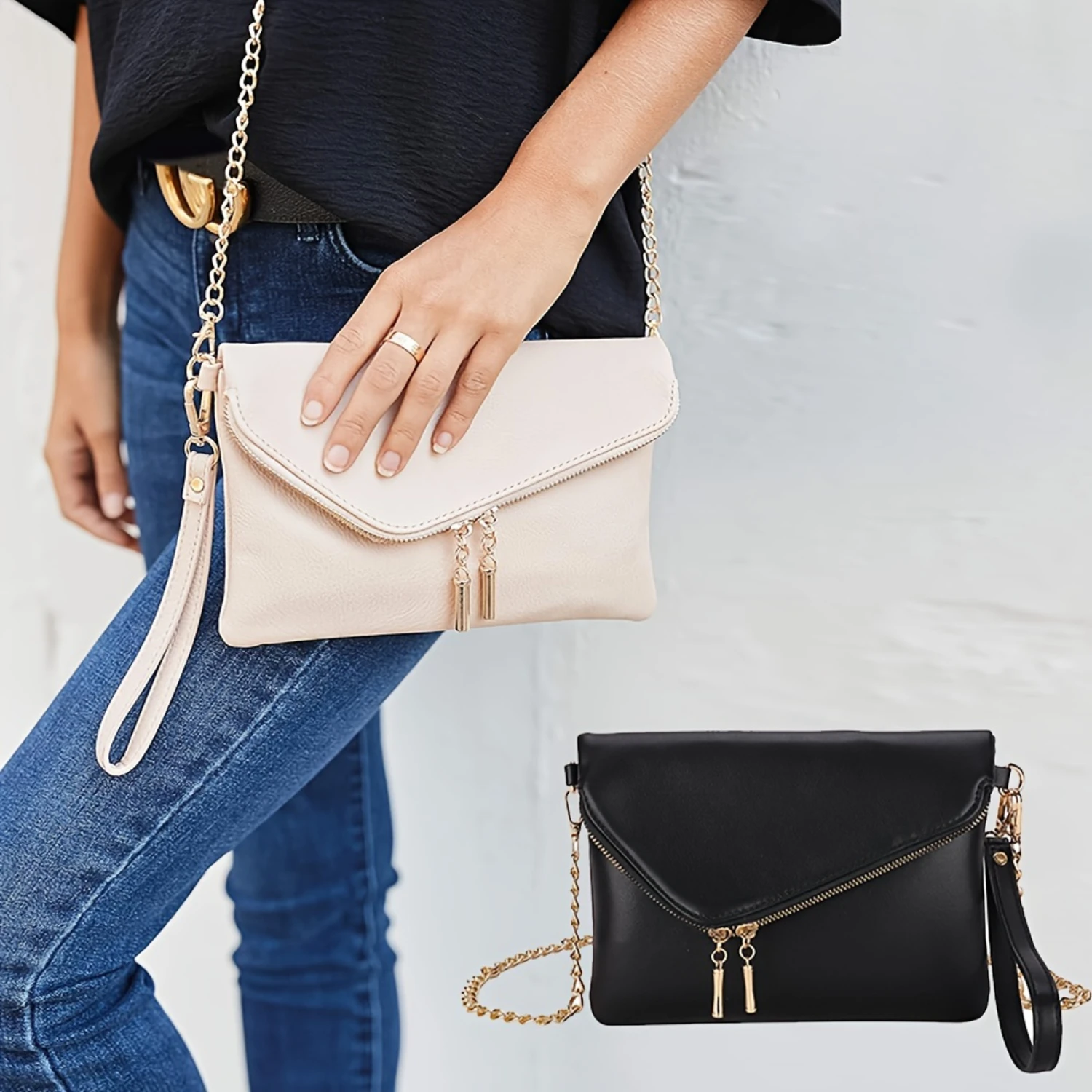 

Envelope Wristlet Clutch Bag with Golden Chain Strap for Evening Out