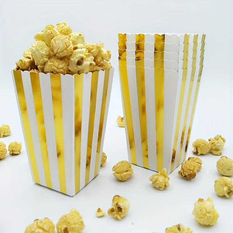 12 cajas de palomitas de maíz a rayas con puntos dorados y ondas: elegantes contenedores de recuerdos de fiesta para bodas, cumpleaños, Navidad,