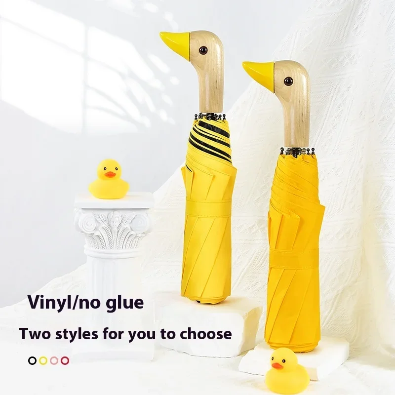 Guarda-chuva três dobrável com cabeça de pato, alça de madeira criativa para proteção solar, proteção contra intempéries, borracha preta e fofo portátil