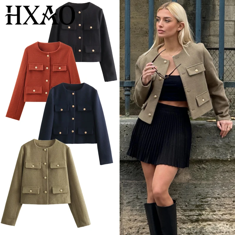 

HXAO Tweed Bomber Jacket Women's Jackets Autumn 2025 Cropped Button Up Outerwears Elegant Fashion o-Neck Long Sleeve Top Female