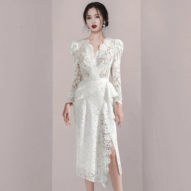 

High Quality Lace Hollow Out Dresses Spring Women V-neck Long Sleeves Dress Summer High Waist Zipper Split Knee Length Dress