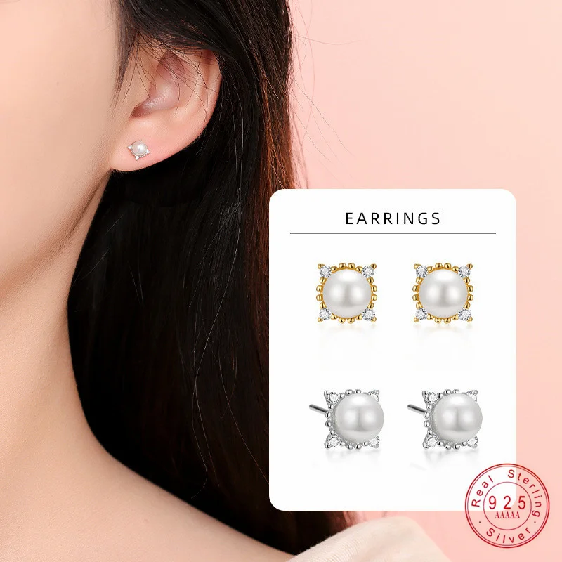 

925 Sterling Silver Geometric Zircon Simulation Pearl Earrings for Women Fashionable Simple Temperament Jewels