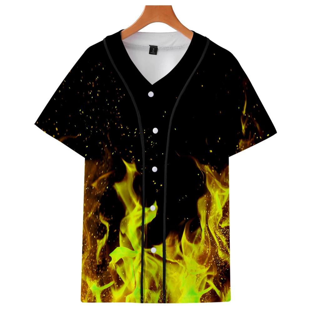 

baseball shirt Men's and women's clothing Fashion couple short sleeve shirt high street trend Baseball jacket hip hop flame