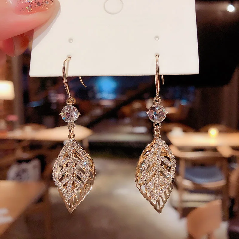 Korean Fashion Crystal Leaf Tassel Drop Earrings for Women Shiny Zircon Flower Butterfly Dangle Earring Wedding Party Jewelry