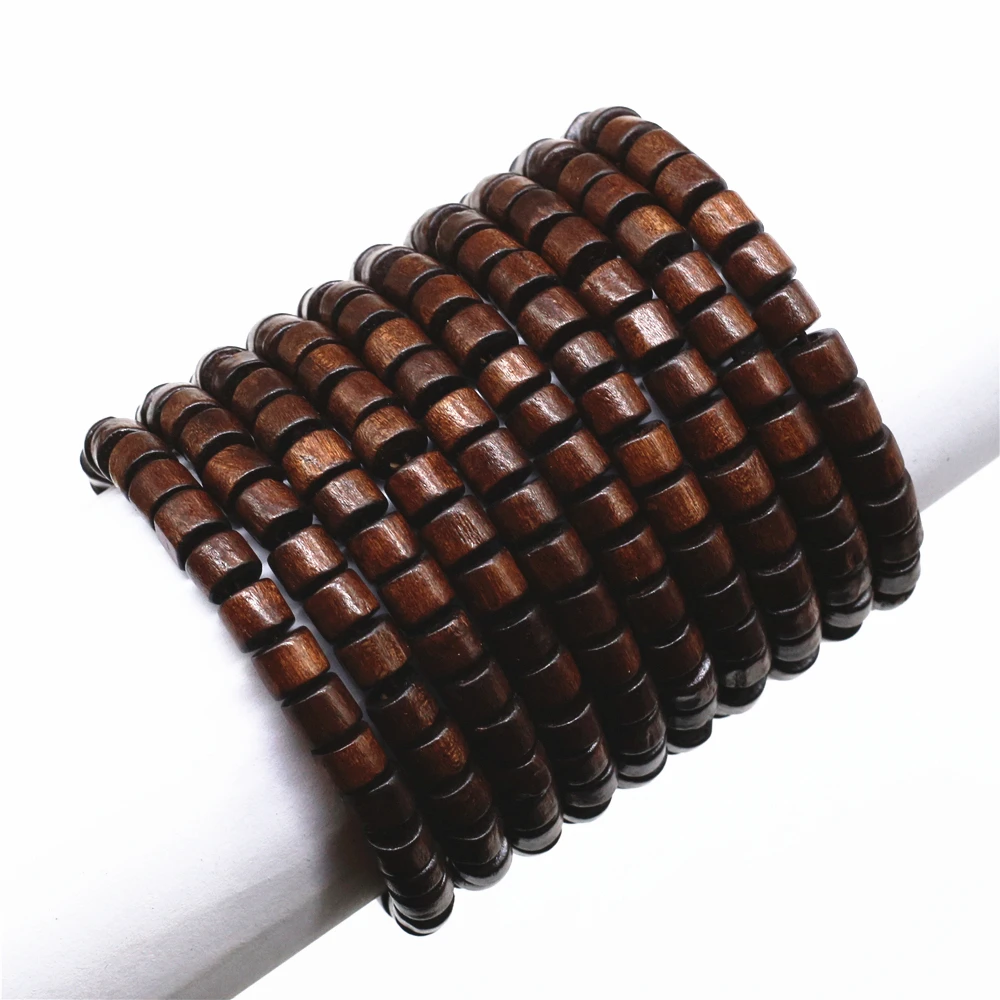 WESTBULL Wholesale Men Beaded Bracelets For Women Elastic Rope Weave Brown Flat Wood Beads Strand Homme Male Gift Jewelry