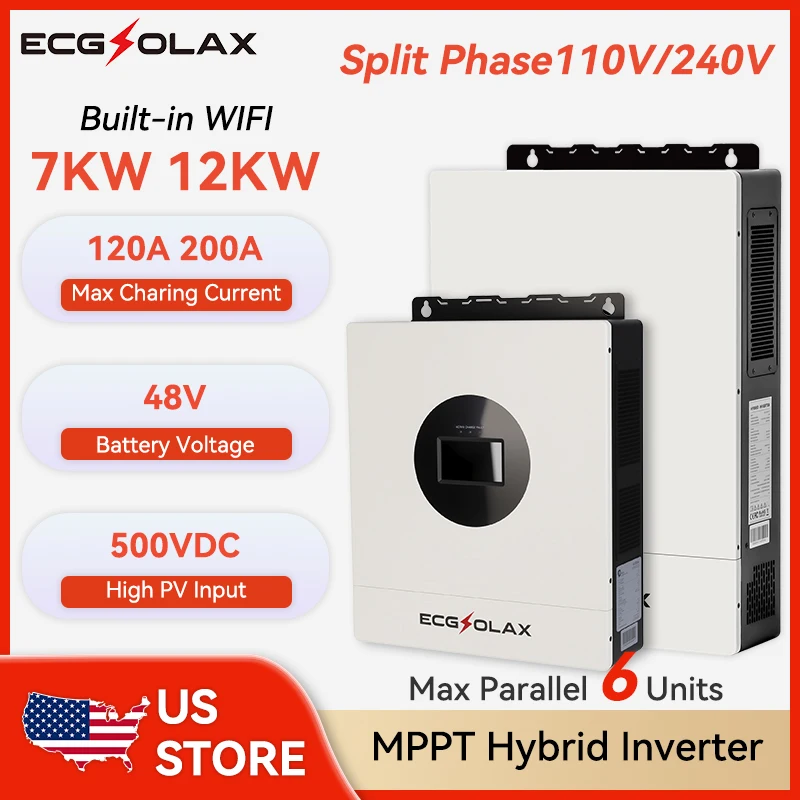 

ECGSOLAX 12KW 7KW Hybrid Solar Inverter 48V 110V/240Vac Split Phase Hybrid Inverter With MPPT 200A 120A Charger Built-in WIFI