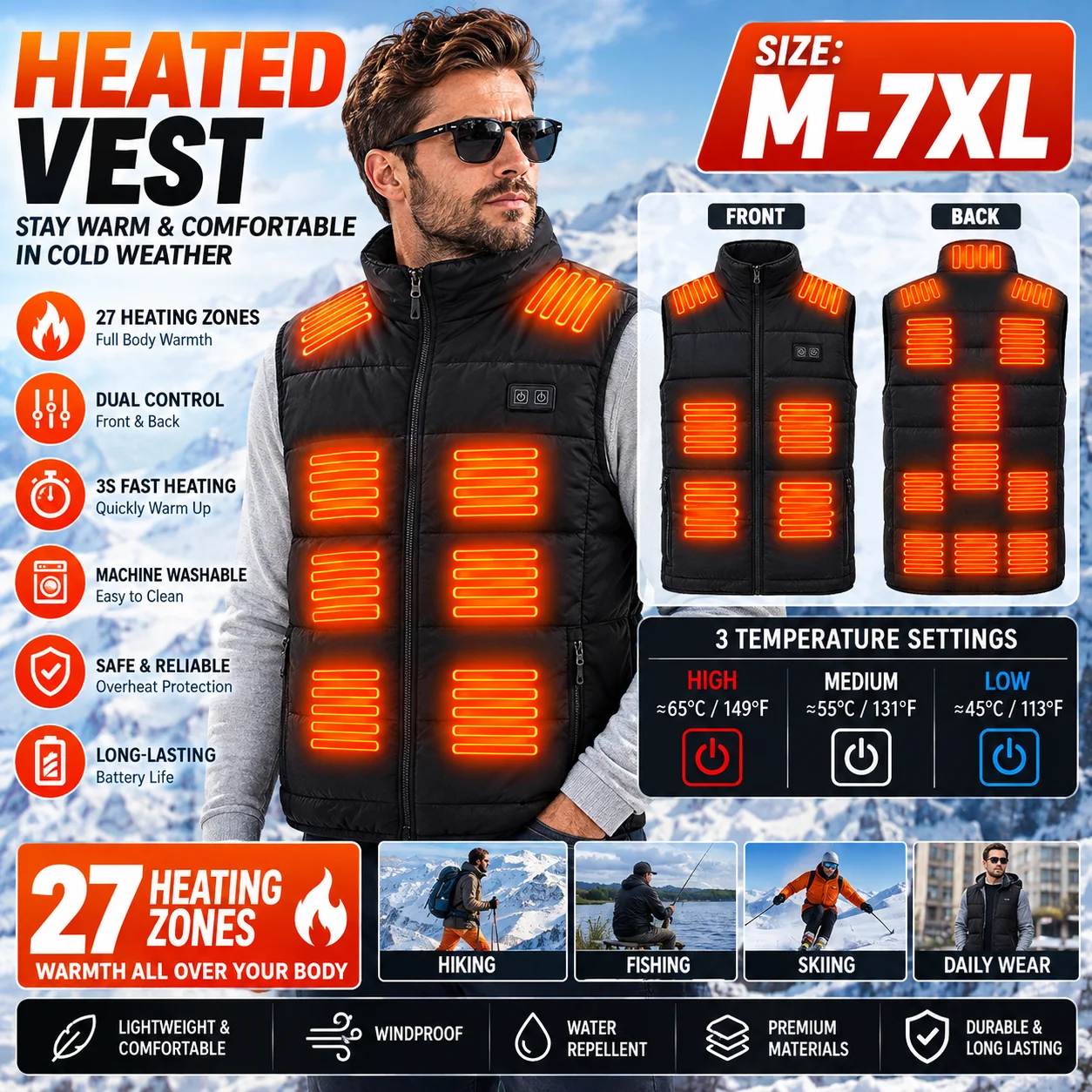 Unisex 27 Heating Zones USB Heated Vest Loose Winter Thermal Waistcoat 4 Control Casual Outdoor Sport Warm Heating Gilet