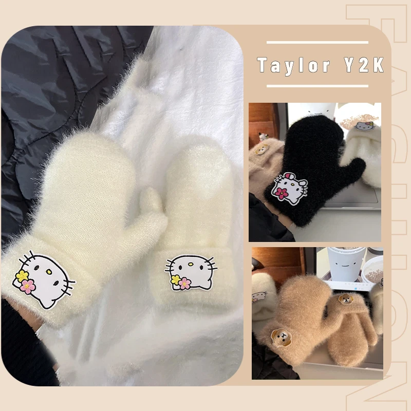 

2023 Sanrio Hello Kitty Plush Gloves Anime Y2K Sweet Girl Kawaii Warm Thickened Knitted Mittens Riding Cold-Proof Gloves Winter