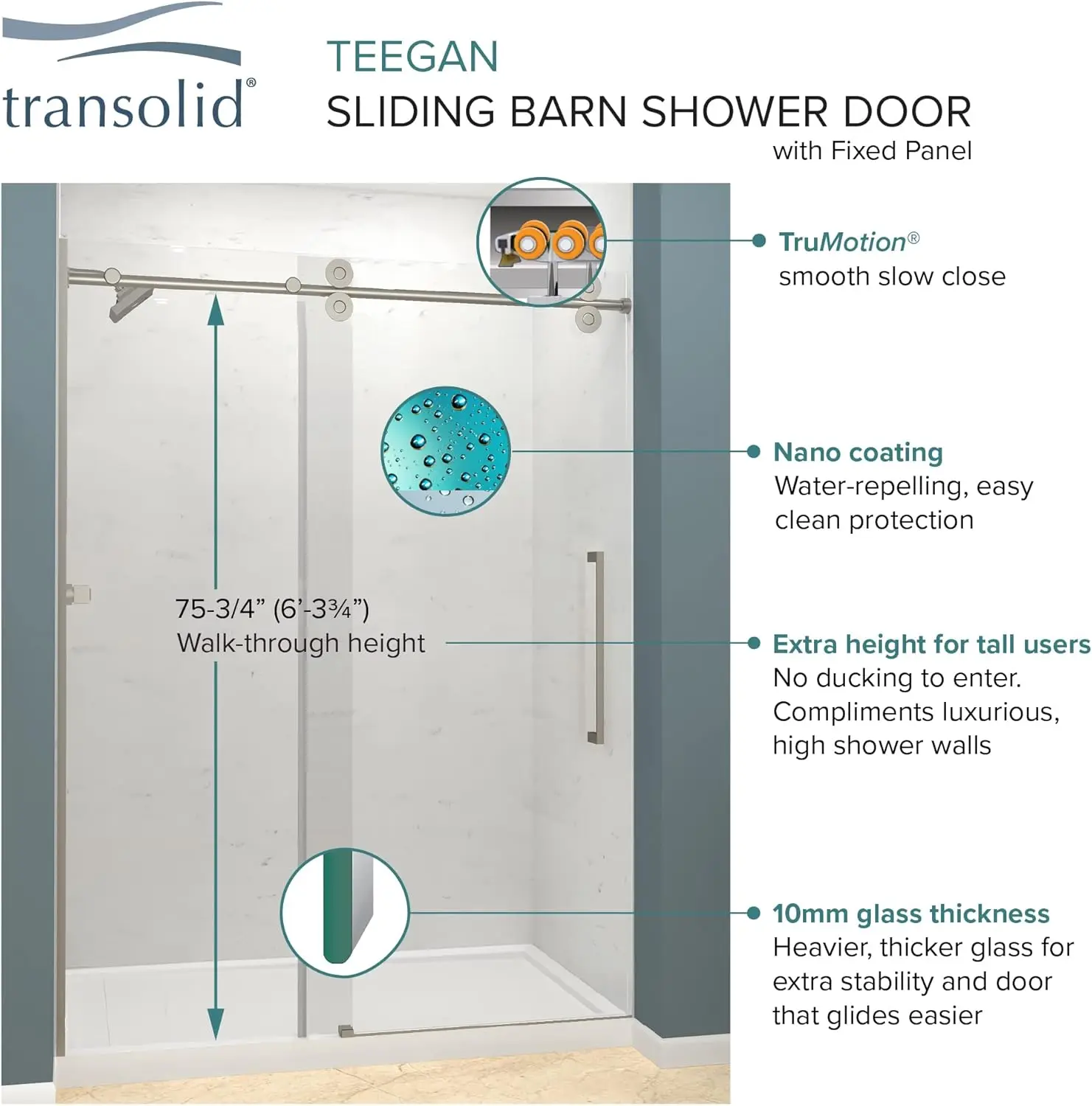 Transolid Tpbt608010C-R-Bs Teegan Plus 56.5-59 In. W X 80 In. H Semi-Frameless Sliding Barn Shower Door With Fixed Panel In