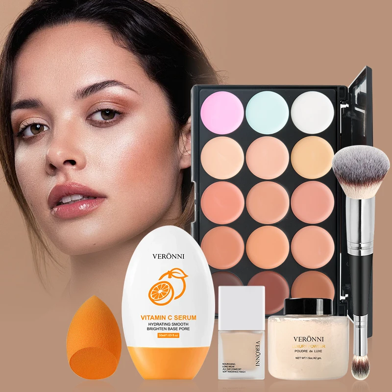 페이스 메이크업 세트, 액체 파운데이션 루즈 파우더 프라이머, 방수, 오래 지속되는 풀 커버리지 컨실러, 여성 화장품, 페이스 메이크업