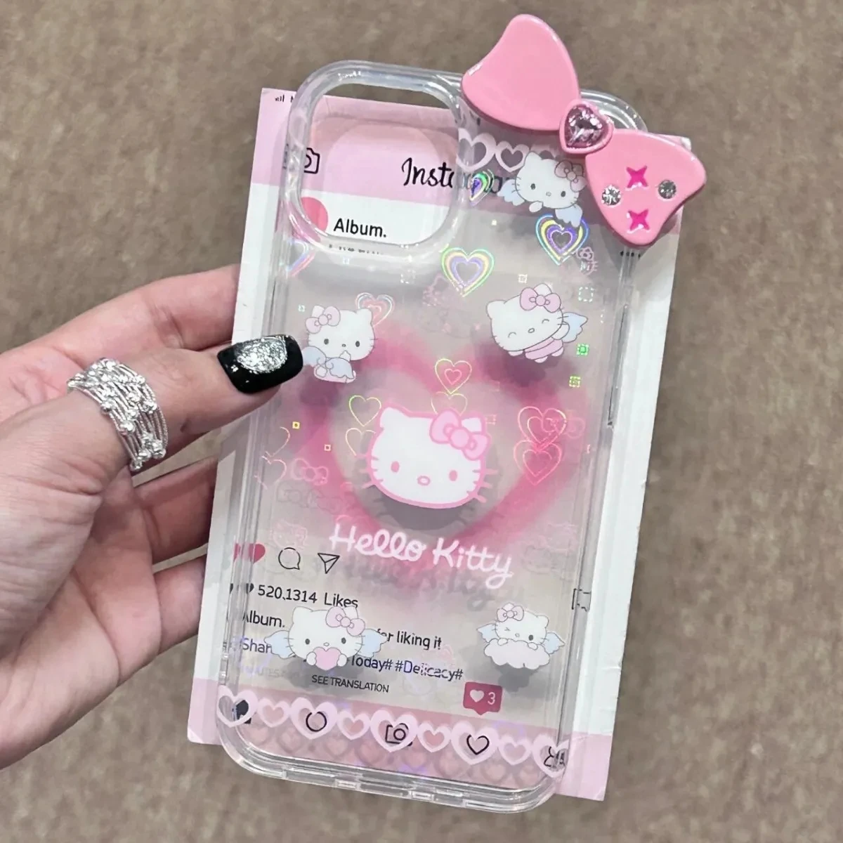 Hello Kitty Bow Full Screen KT Angel Phone Case For iPhone 16 15 14 13 12 11 Pro Max XR XS MAX 7 8 Plus Y2K Pink Girl Cover