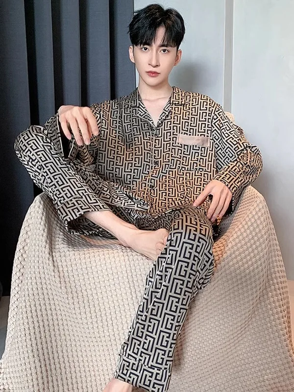 DAIMELU Spring and summer men's pajamas male ice silk long-sleeved loungewear set plus size sleepwear youth suit boy pyjamas