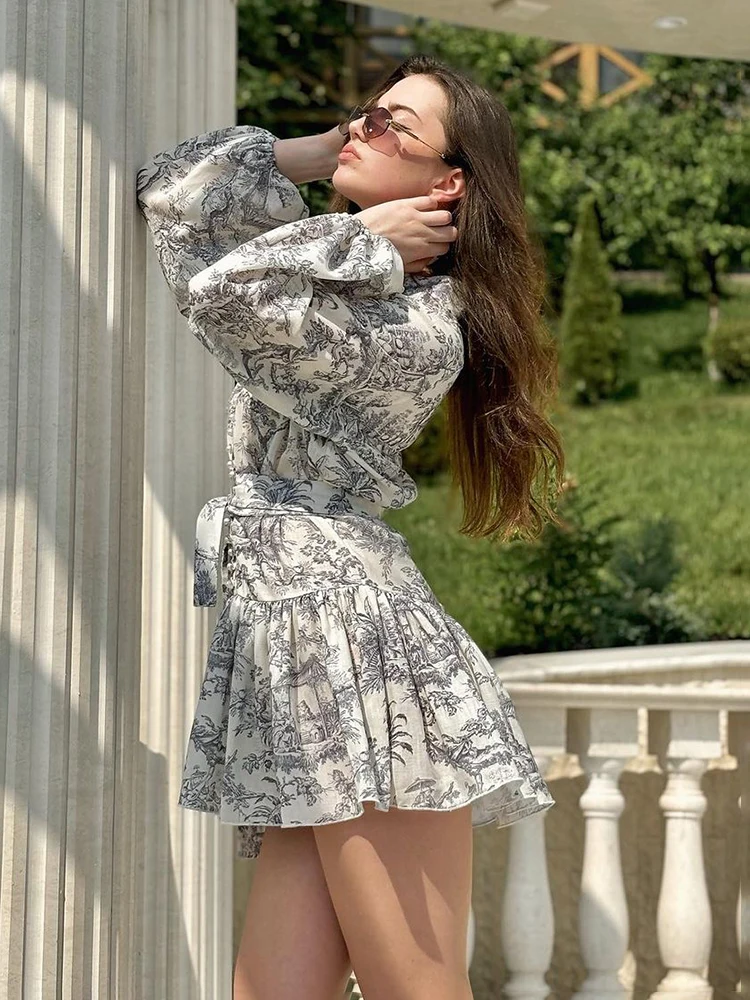 TARUXY-Vestido retrô feminino com estampa dobra, elegante com renda, vestidos plissados de manga comprida, vestido bandagem feminino, moda de rua