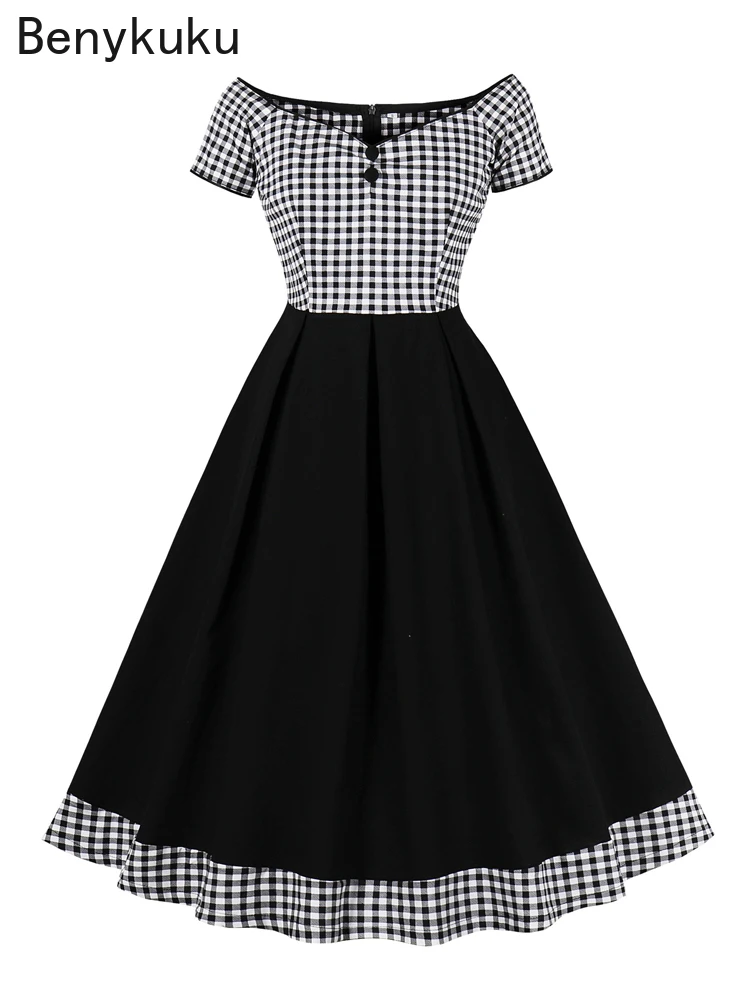 

Gingham Black Patchwork Sexy Off Shoulder Evening Party Vintage Pleated Dress Elegant Cotton Long Dresses for Women Robe Femme