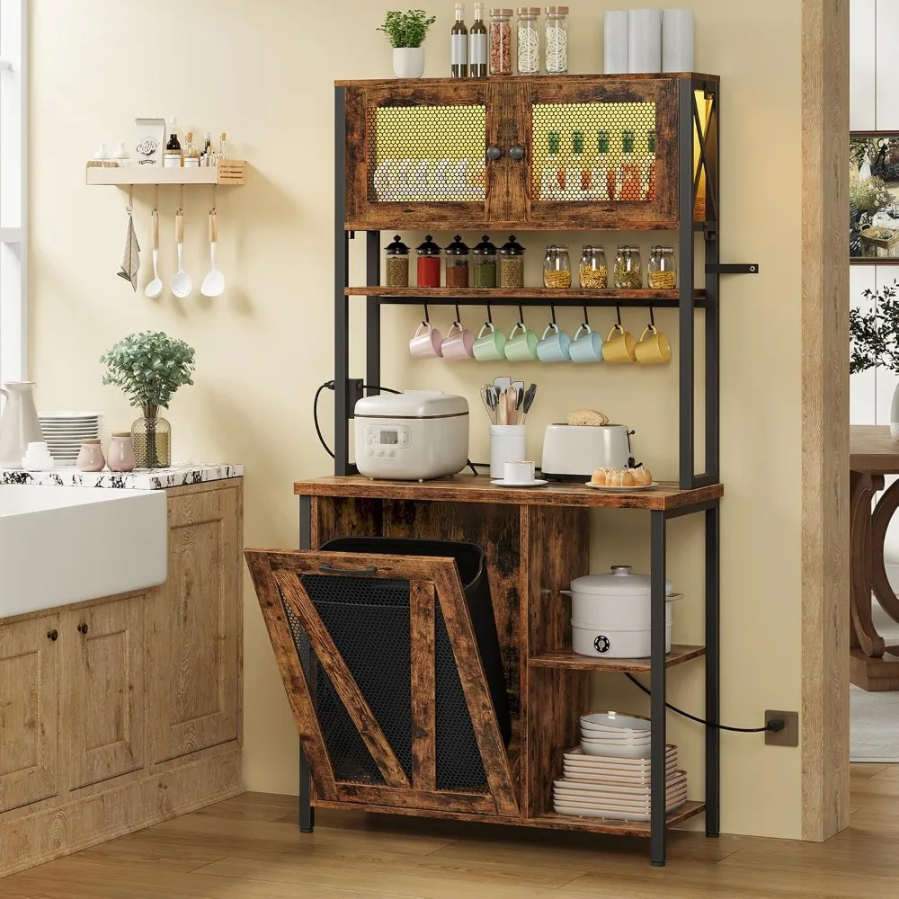 

Bakers Rack with Trash Can Bin Cabinet, 6-Tier Microwave Stand with LED Stripe, Kitchen Storage Shelf with Outlet, Customized