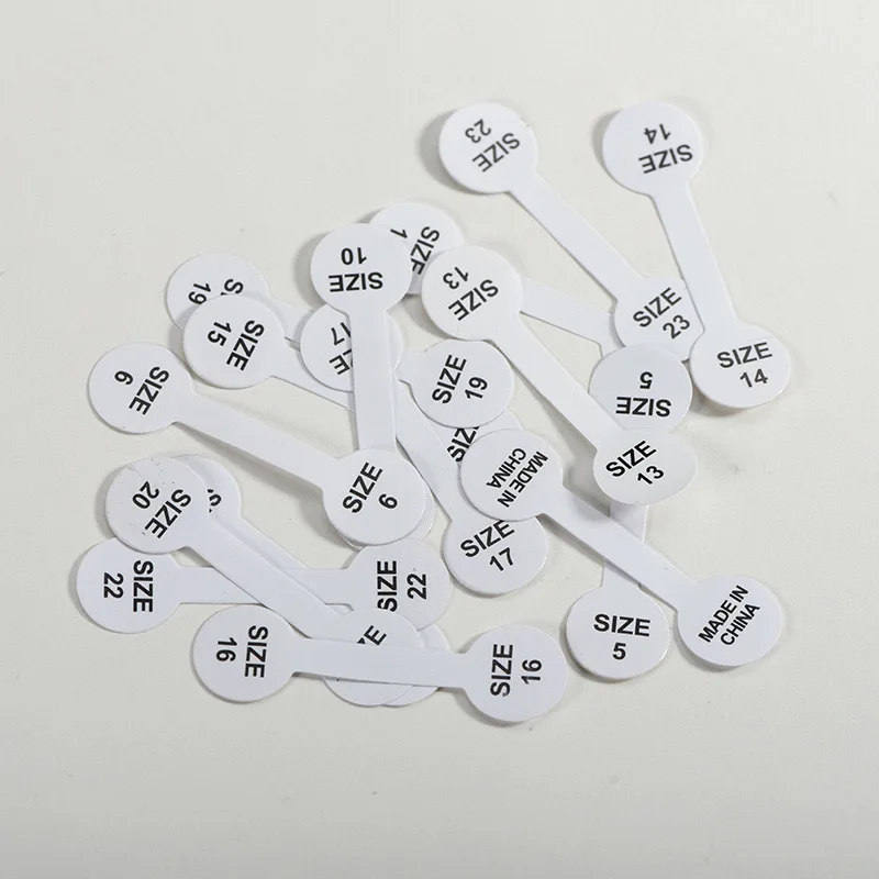 100pcs Ring Size Printed Tags Self-adhesive, glue ends adhesive free shank Jewellery necklace gummed tag rings label sticker
