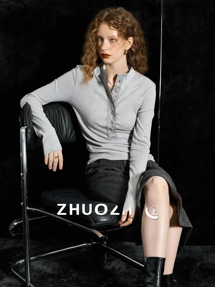 

Zhuo Chi ey f Open Button Long Sve T-irt Faion Slim Fit Stand Collar Top for Women Commute Sle Stand Fit Pur...