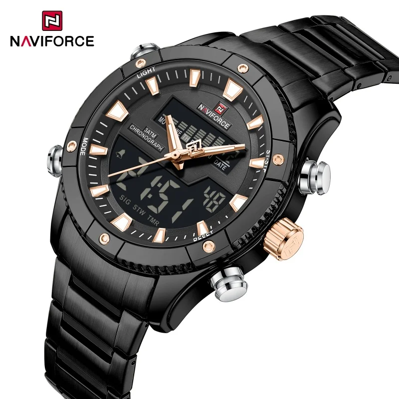 NAVIFORCE Herren Quarz Wasserdichte Uhr Multifunktionale Doppelanzeige Leuchtend Einzigartiges Design Business Sport Armbanduhr NF9259