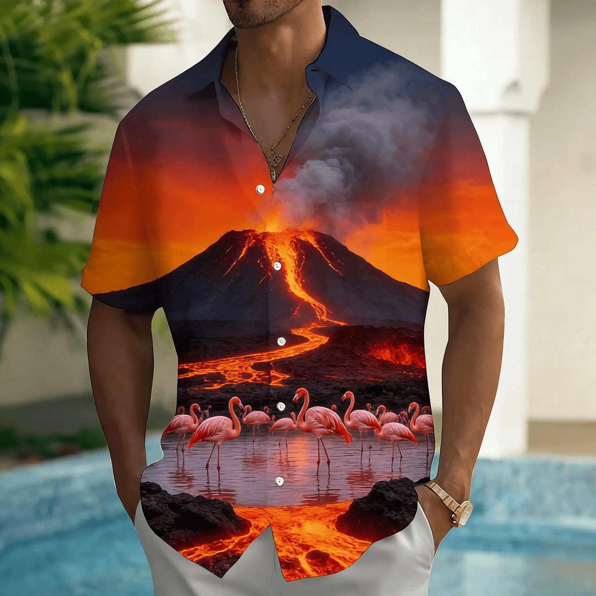 

Men's Volcano & Flamingo Print Short Sleeve Shirt, Lava Sunset Scene Button Down for Spring Summer Casual