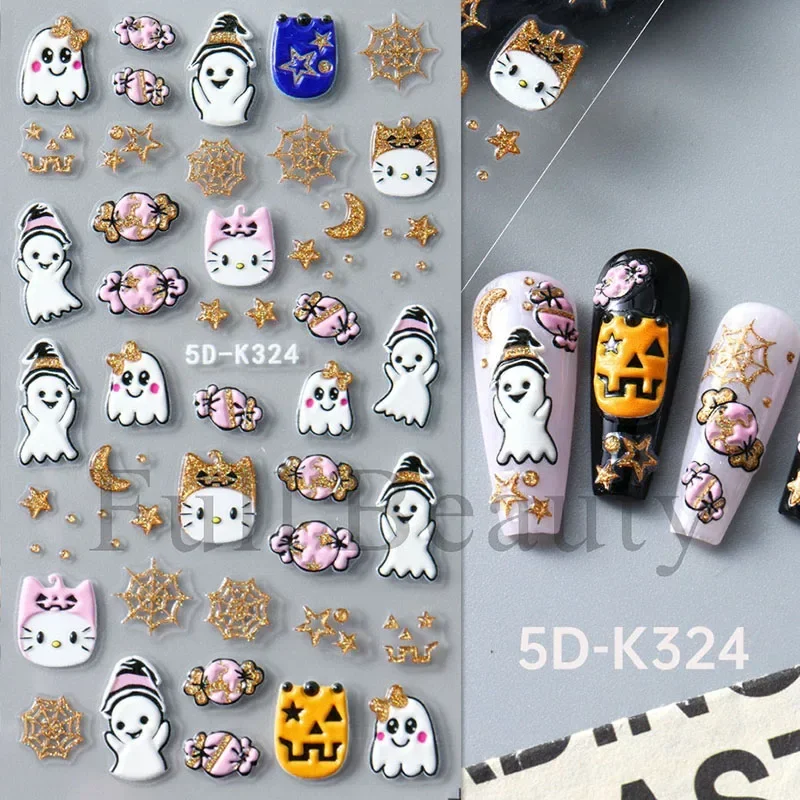 Scary Pumpkin Head Nail Stickers 5D Embossed Halloween Cute Ghost Spider Web Pumpkin Nail Sticker for Women and Girls