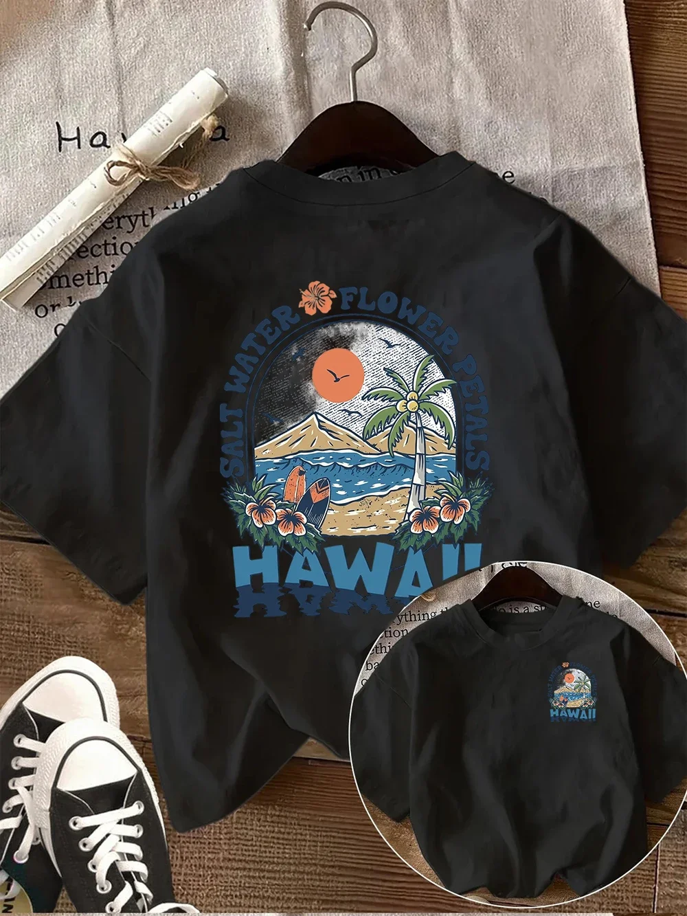 Hawaii Salt Water Flower Petals Graphic Tee Summer Beach Vacation T-shirt Tropical Island Style Casual Short Sleeve Top
