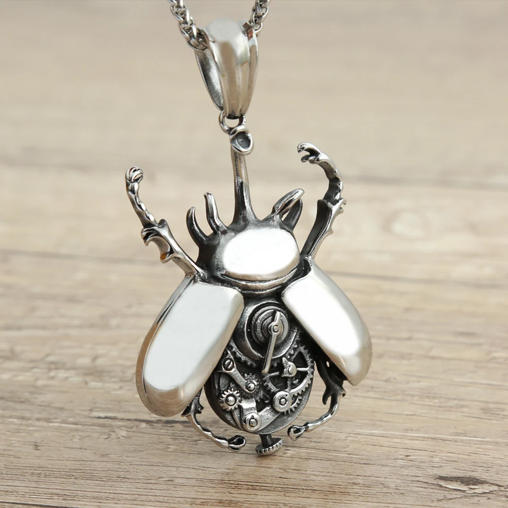 Steampunk-Käfer-Anhänger-Halskette Unisex Edelstahl Mechanisches Zahnrad Insekten-Charm-Halskette Gothic Punk Mode-Schmuck Geschenk – Detail 2