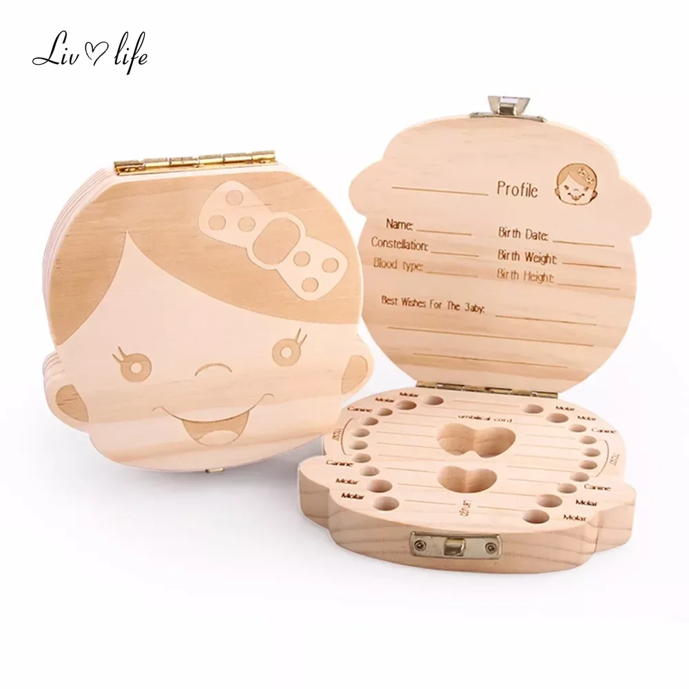 Baby Wood Tooth Box Organizer Milk Teeth Storage Language Spain English Collect Teeth Umbilica Save Gifts Baby Tooth Box