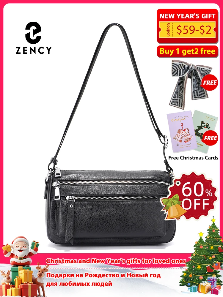 

Zency Women Leather Handbag Cowhide Wide Strap Shoulder Bag Silver Zipper Crossbody Bag Satchel Many Pockets Messenger Bags New