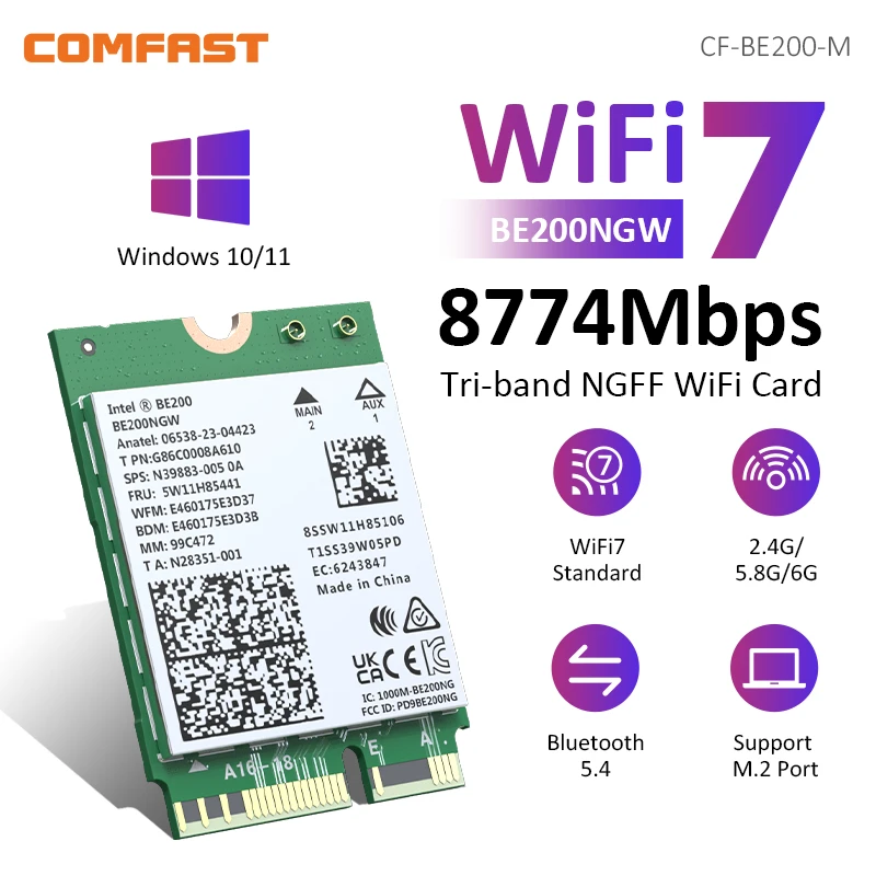 WiFi 7 Intel BE200 Network Card Bluetooth 5.4 Tri Band 2.4G/5G/6GHz 8774Mbps BE200NGW M.2 Wireless Adapter Better than WiFi 6E