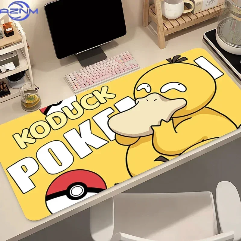 Psyduck Cream Checkerboard Anime Mouse Pad, Rubber Non-Slip Desk Mat, Simple Cute Yellow Duck Pokemon Gaming Mouse Pad for Deskt