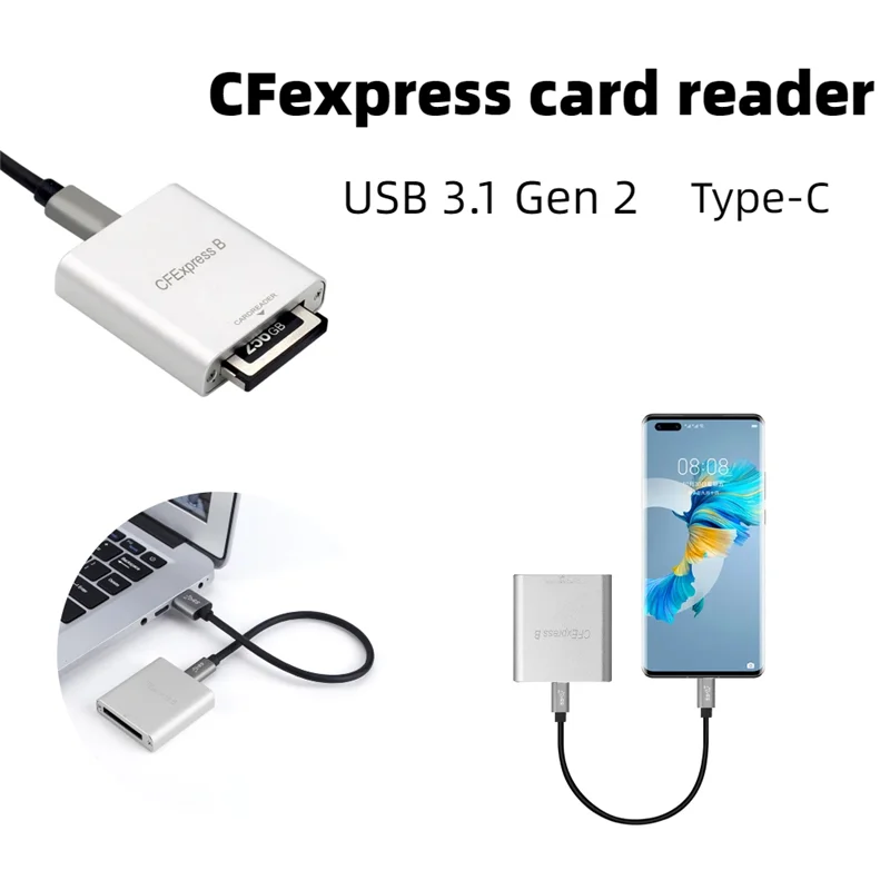AEE7-قارئ بطاقات محمول من النوع C إلى Cfexpress B بسرعة 10 جيجابت في الثانية قارئ بطاقات الذاكرة بدون محرك لأجهزة الكمبيوتر المحمول والهاتف Chromebook