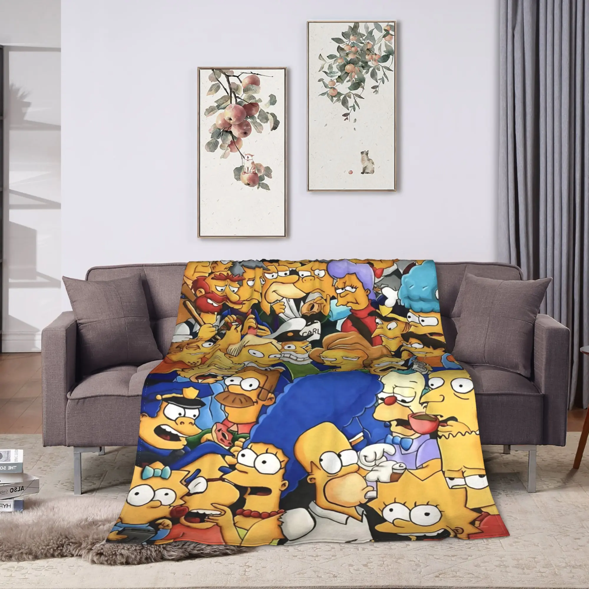 Popular Cartoon Family Character Motif Blanket Super Warm The Simpsoned Throw Blanket Winter Home Decor Street Trend Bedspread