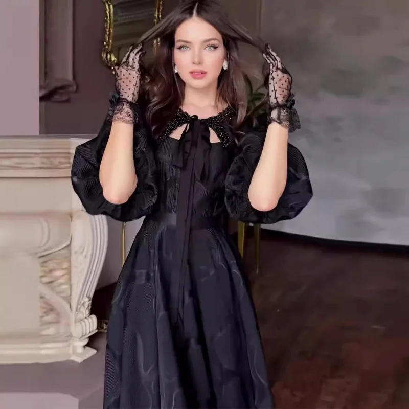 

2025Hot-Selling New European and American Women's Fashion Autumn New Round Neck Tie Long Sleeve High Waist Elegant Retr