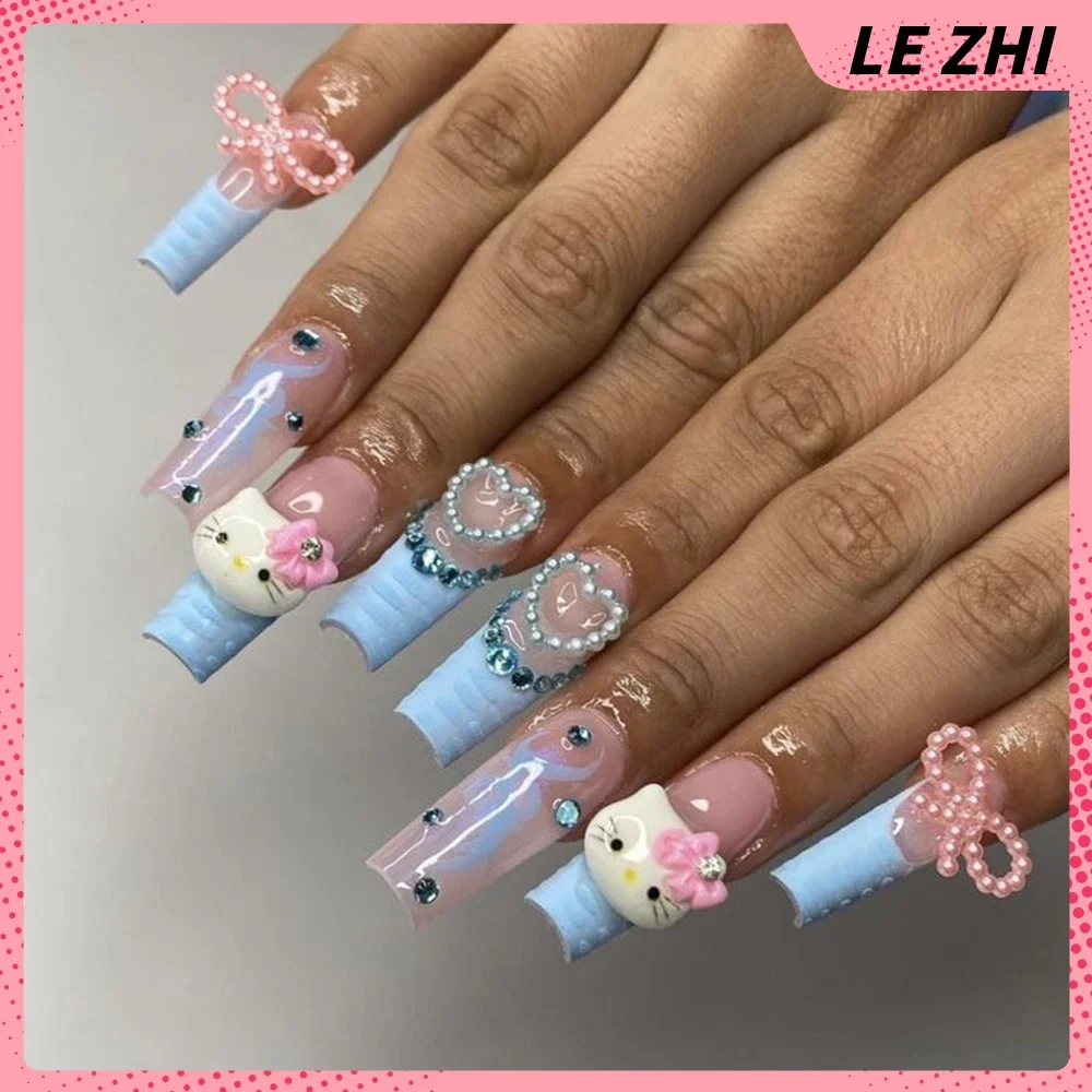 Xl Square 10Pcs Y2K Handmade Press On Nails Hello Kitty Ballet Fashion Girls Flower Bow Love Diamond Party Sticker Fake Nails