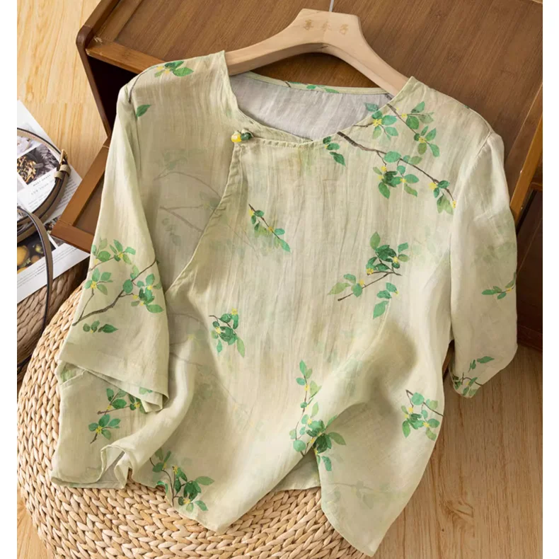 

Half Sleeve Printed Ramie Women's Vintage Loose Cotton-Linen Elegant Pullover