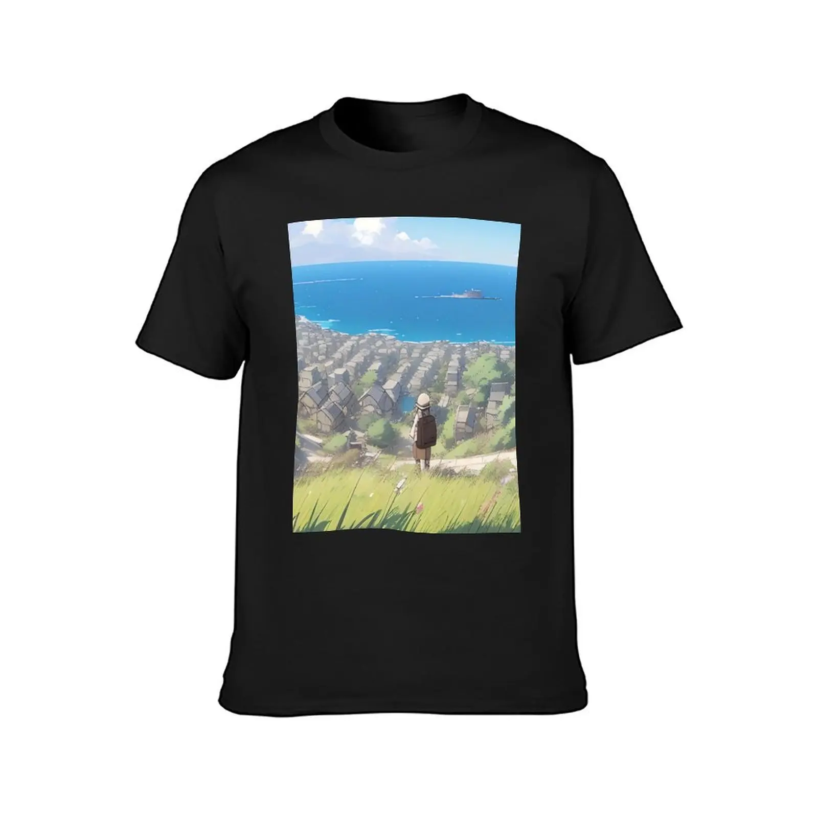 Seaside Town View, Nature Meets Human Habitat T-Shirt plain customizeds for a boy T-shirts for men cotton