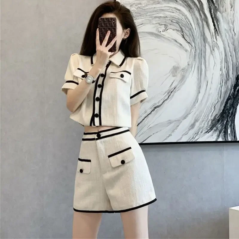 

Elegant Vintage Tweed Style Color Blocking Stitching Summer Knit 2 Pieces Sets Women Breasted Short Sleeve T-shirt Tops ZL906