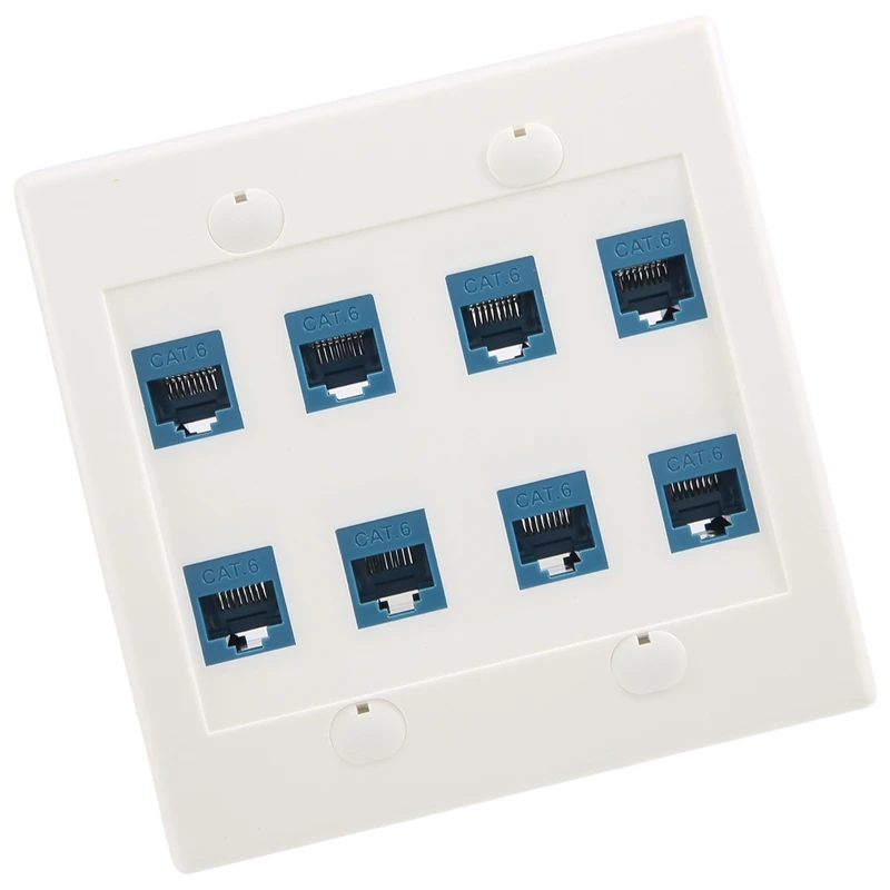 Ethernet Wall Plate 8 Port - Double Gang Cat6 RJ45 Keystone Jack Network Cable Faceplate Female To Female - Blue