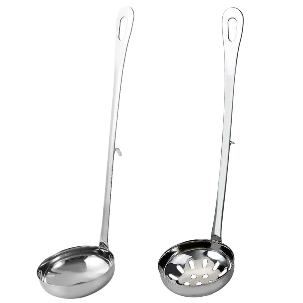 

1 set Stainless Steel Spoon And Colander Pot Spoon Colander Scoops Slotted Ladles Hook Design Extended Handle Kitchen Storage