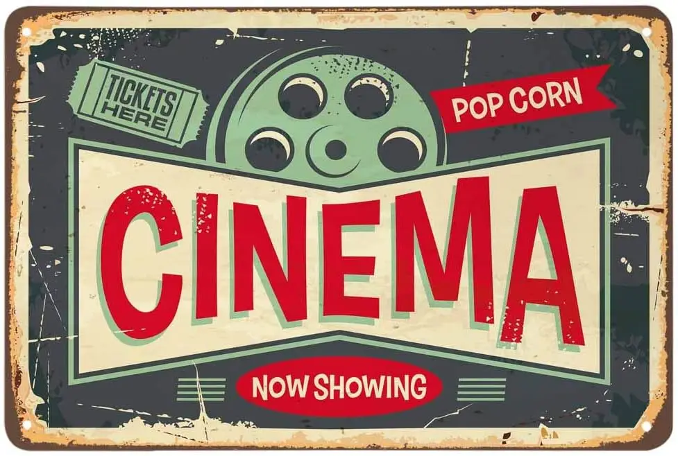 Letrero de chapa de cine AOYEGO, bolos aquí Pop Corn y película ahora que muestra carteles de Metal Vintage para cafeterías, bares, pubs, tienda, decoración de pared