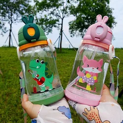 600ml Summer Children Straw Water Bottle Kawaii Animal High-capacity Kettle Portable Leakproof Kid Boy Girl Plastic Water Cup