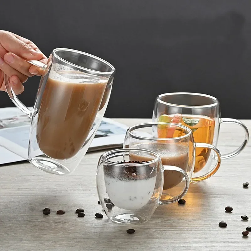 150-450ml Coffee Cup Double Wall Transparent Glass with Handle Double-layer Heat Insulation High Temperature Juice Milk Cup